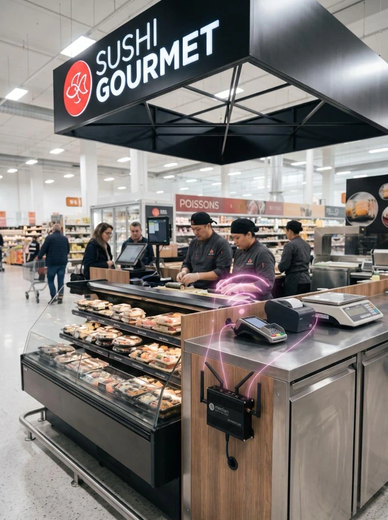 Kiosque Sushi Gourmet Hana Group connecté en supermarché par un routeur 4G/5G Median