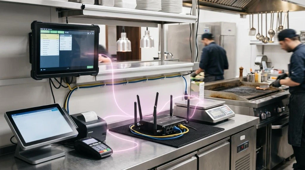 Cuisine de restaurant fast-food avec écran KDS et caisse TPE opérationnels