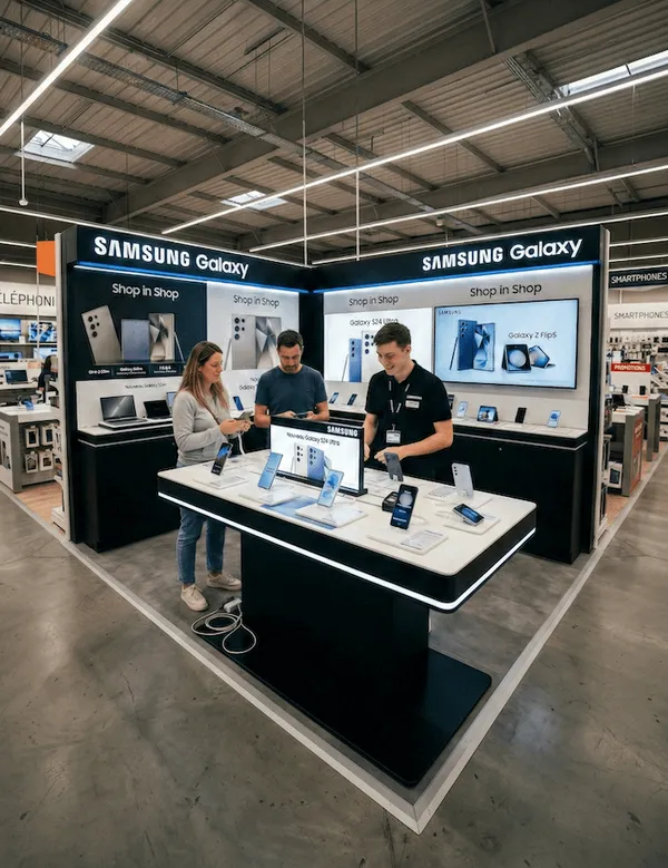 Solution de connectivité 5G pour kiosque Samsung par Median - Déploiement retail premium en Europe
